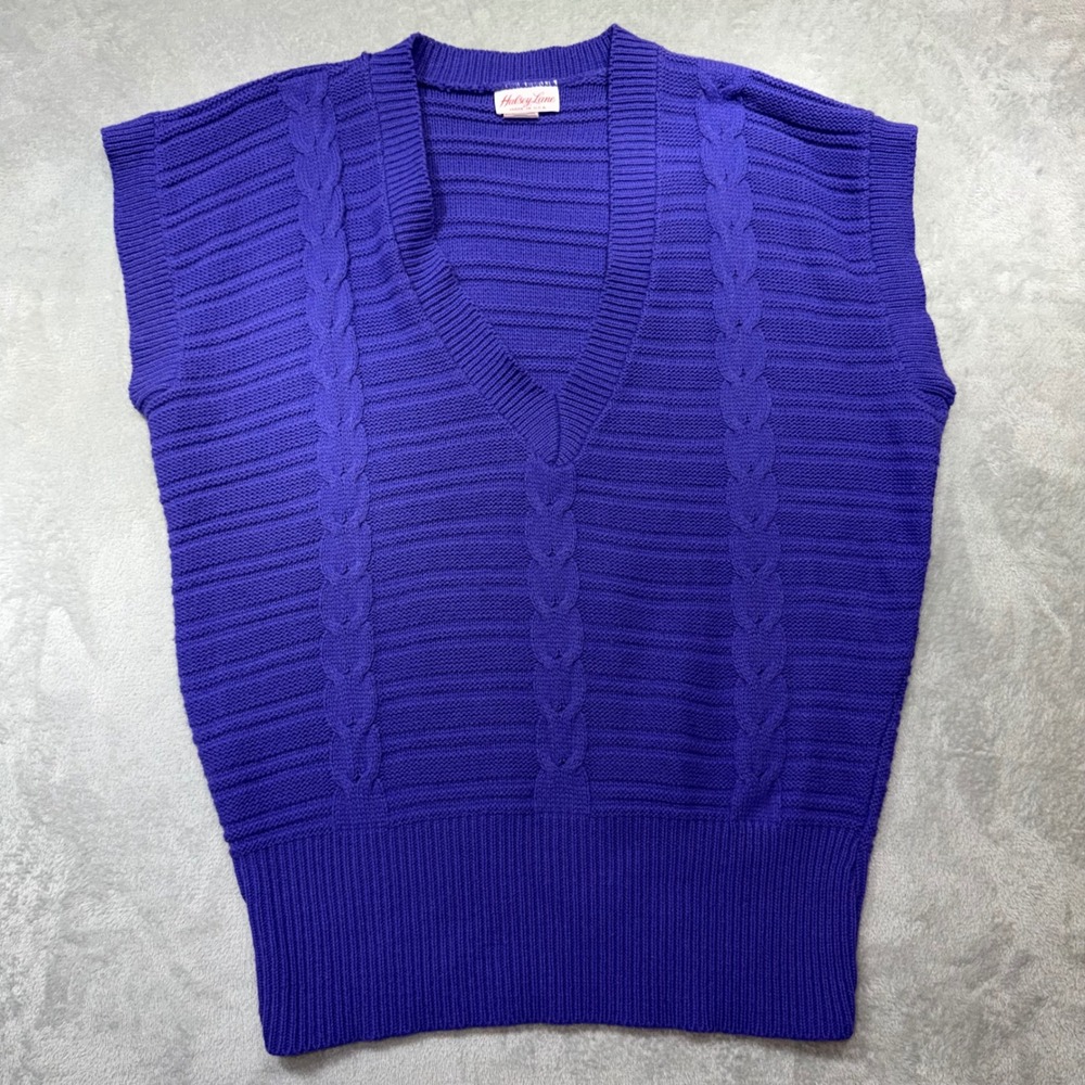 Vintage Purple Cable Knit Sweater Vest V-Neck Sleeveless Ribbed 80s Retro‎ Large